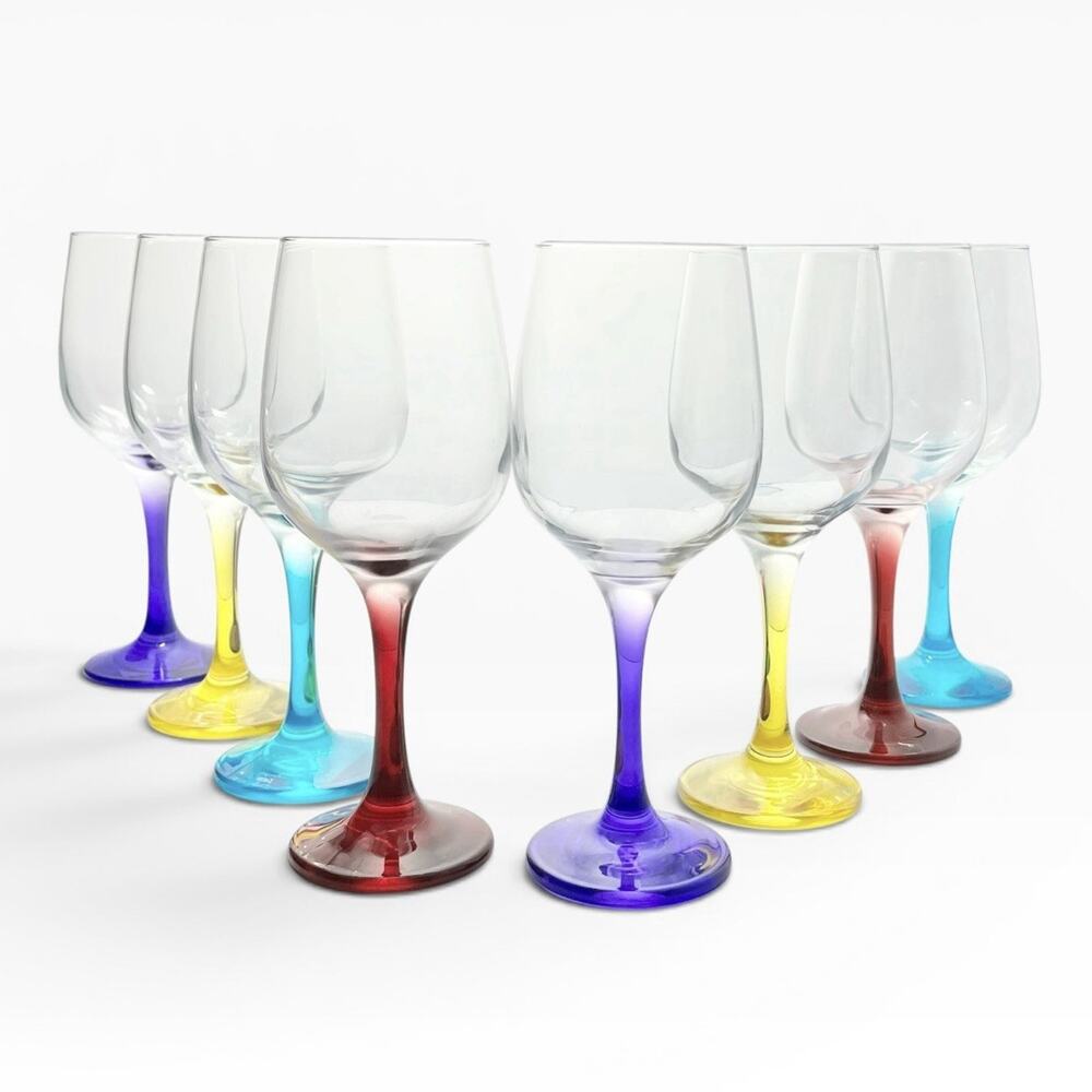 8 Contemporary Multicolored Colorful Stem Wine or Water Glasses 8 3/4” 16oz